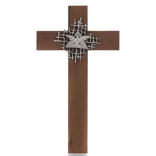 Cross in walnut wood with Father and Holy Spirit 1