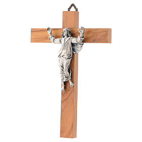 Auferstandene Christus auf Olivenholz Kreuz Silber Finish.