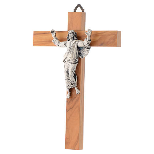 Auferstandene Christus auf Olivenholz Kreuz Silber Finish. 2