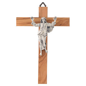 Cristo resucitado en plateado, cruz madera de olivo