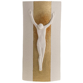 Kruzifix auf Stele weissen Ton und Gold, 29,5cm.