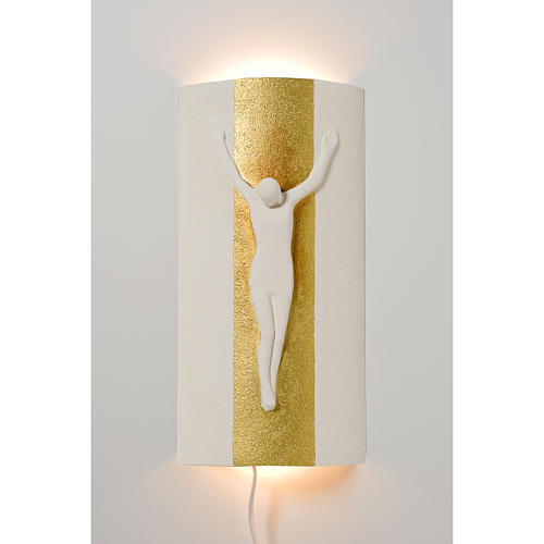 Kruzifix auf Stele weissen Ton und Gold mit Licht, 17,5cm. 1