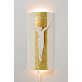 Crocefisso Stele argilla bianca oro con luce 17,5 cm s1