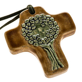 Croce ceramica artistica marrone albero verde