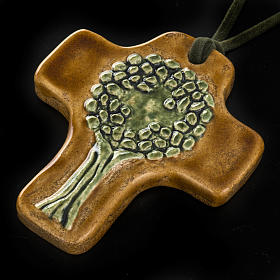 Krzyż z ceramiki artystycznej brązowej drzewo zielone