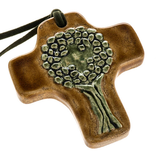Krzyż z ceramiki artystycznej brązowej drzewo zielone 1