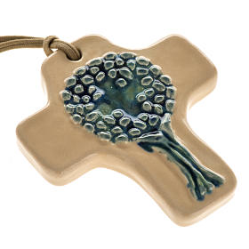 Croce ceramica artistica beige albero blu