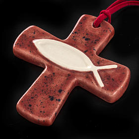 Croce ceramica artistica rossa pesce avorio