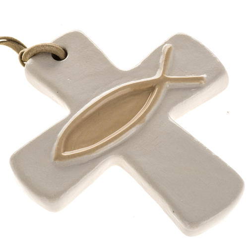 Pottery cross with beige fish. 1