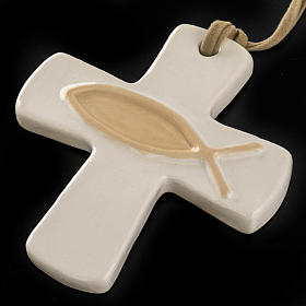 Croix ivoire poisson beige en céramique artistique