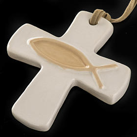 Croce ceramica artistica avorio pesce beige