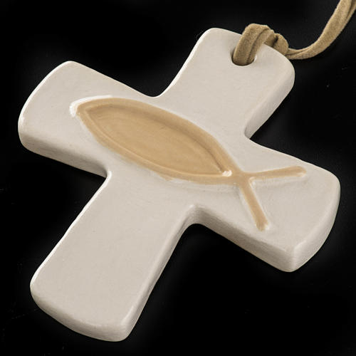 Krzyż ceramika artystyczna kość słoniowa ryba be 2