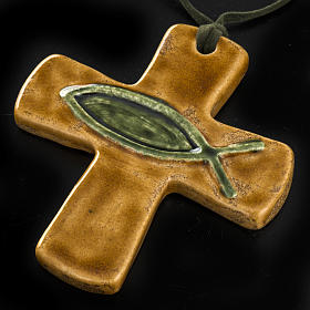 Croce ceramica marrone pesce verde