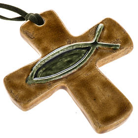 Krzyż ceramiczny brązowy ryba zielona