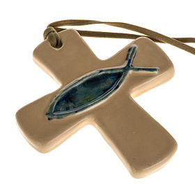 Krzyż z ceramiki artystycznej beżowej ryba zielona