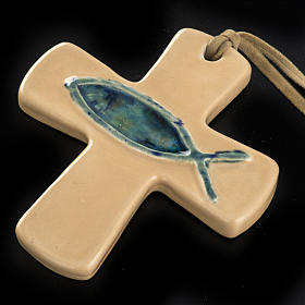 Krzyż z ceramiki artystycznej beżowej ryba zielona