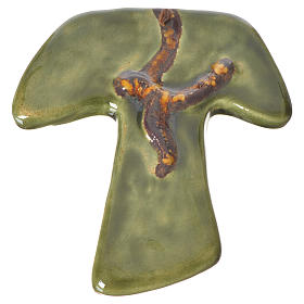 Kreuz Tau aus grüner Keramik mit Taube.