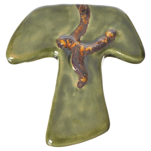 Kreuz Tau aus grüner Keramik mit Taube. 1