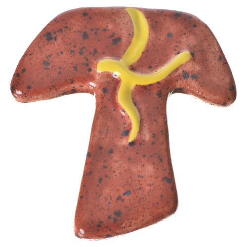 Kreuz Tau aus roter Keramik mit gelber Taube. 1