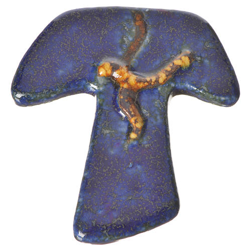 Kreuz Tau aus blauer Keramik mit gelber Taube. 1