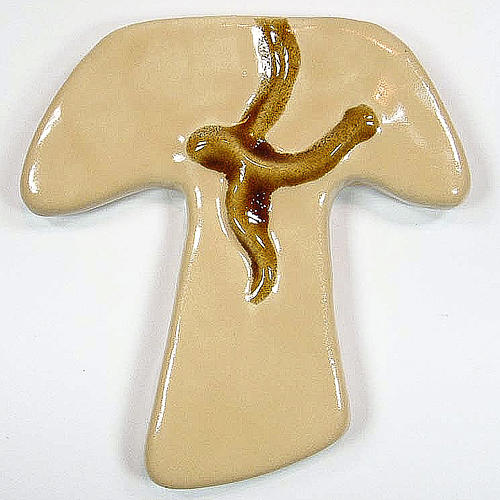 Kreuz Tau aus Keramik mit oranger Taube. 1