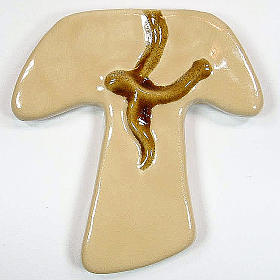 Krzyż tau z ceramiki z gołębiem kość słoniowa i pomarańczowy