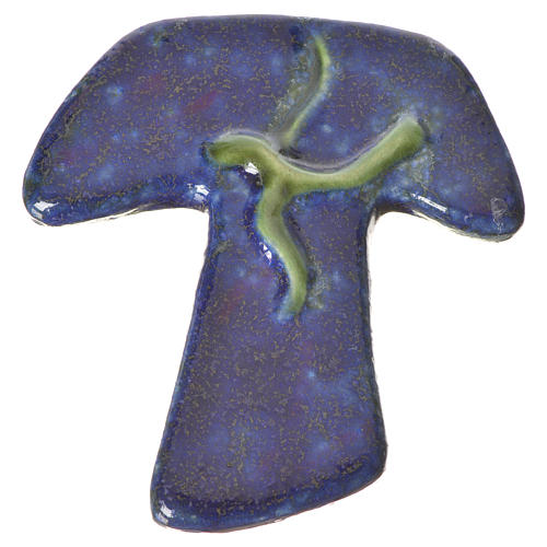 Kreuz Tau aus blauer Keramik mit grüner Taube. 1