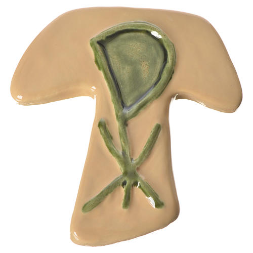 Pottery tau cross with green Chi-Rho. 1