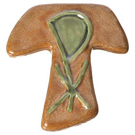 Cruz Tau cerâmica Chi-Rho castanho verde