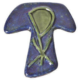 Taukreuz aus blauer Keramik mit grünem Chi-Rho