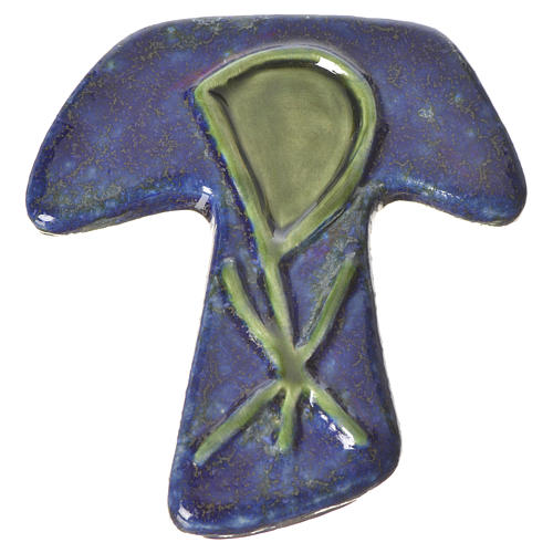 Cruz tau cerâmica Chi-Rho azul escuro verde 1