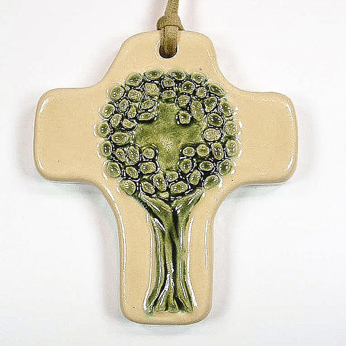 Cruz árbol de la vida cerámica marfil verde 1
