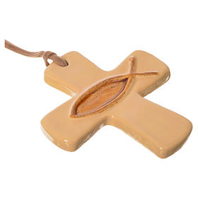 Croce ceramica artistica pesce avorio marrone