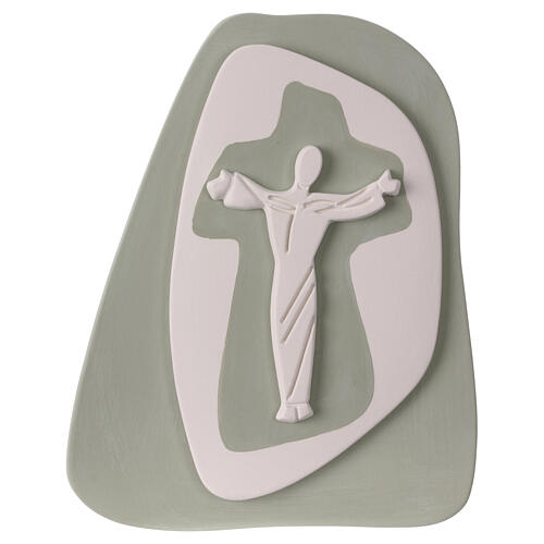 Hanging crucifix with Jesus' silhouette, sauge-green terracotta, Centro Ave, 8x7 in 1
