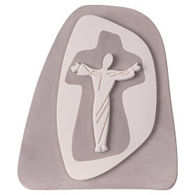 Jesus on the cross, stylised bas-relief, dove-coloured terracotta, Centro Ave, 8x8 in