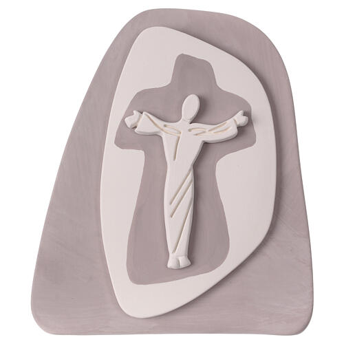 Cristo na cruz terracota baixo-relevo cinza-acastanhado Centro Ave 20x20 cm 1