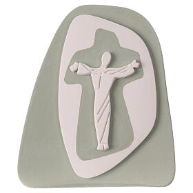 Stylised standing crucifix, sauge-green terracotta bas-relief, Centro Ave, 8x8 in