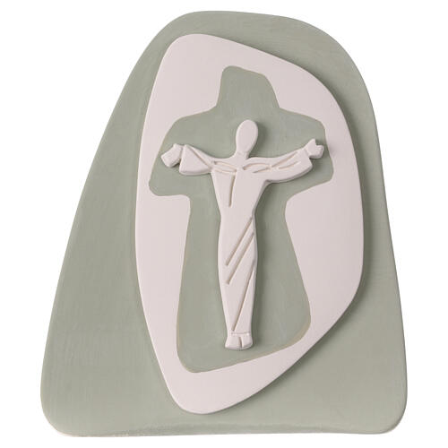 Stylised standing crucifix, sauge-green terracotta bas-relief, Centro Ave, 8x8 in 1