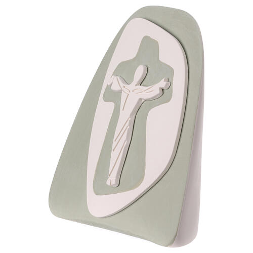Stylised standing crucifix, sauge-green terracotta bas-relief, Centro Ave, 8x8 in 2