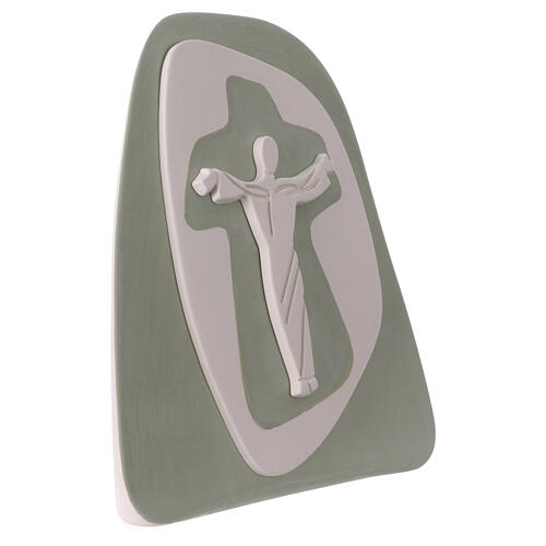 Stylised standing crucifix, sauge-green terracotta bas-relief, Centro Ave, 8x8 in 3