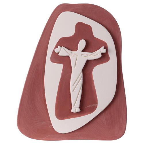 Stylised hanging crucifix, burgundy bas-relief, Centro Ave, 8x8 in 1
