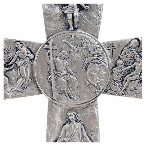 Tischkreuz, silberfarbenes Metall, Reliefbilder 4