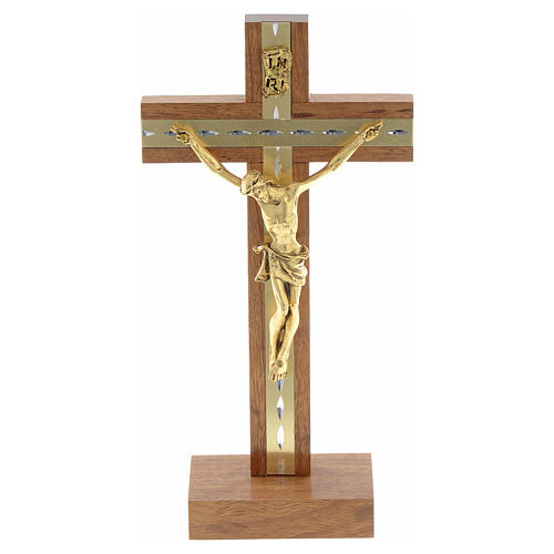 Crucifixo madeira e metal dourado de mesa 5