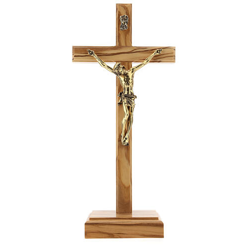 Crucifijo de mesa madera olivo dorado metal 1