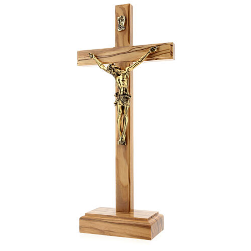 Crucifijo de mesa madera olivo dorado metal 3