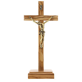 Crucifix de table doré en bois d'olivier et mé
