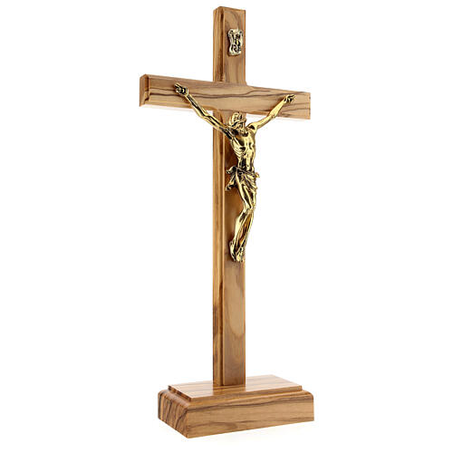 Krucyfiks stojący drewno oliwkowe i pozłacany metal 4