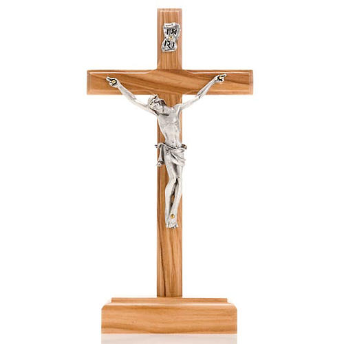 Crucifix in Olive wood and silvered metal with base. 1