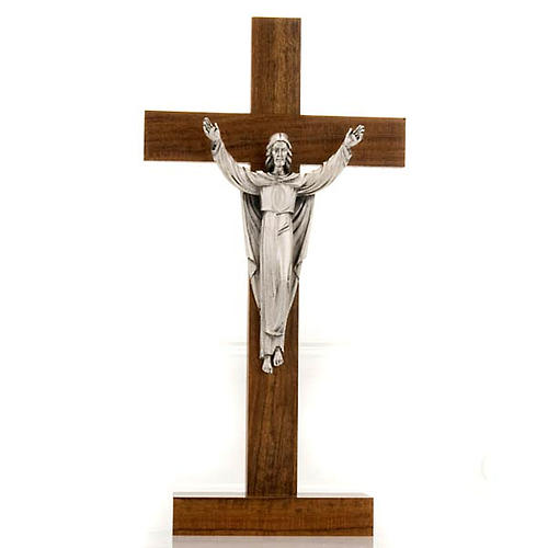 Crucifixo de mesa Cristo Ressuscitado madeira nogueira 1