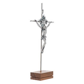 Crucifix argenté Père, Sainte Esprit, base en bois